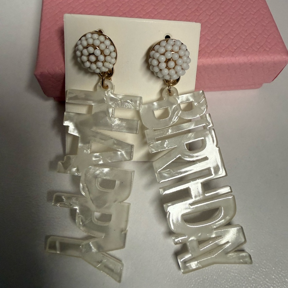 White and Gold Happy Birthday Earrings